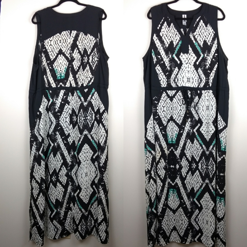 PURE ENERGY Split V Neck Geometric Snake Pattern 2X Maxi Long Dress